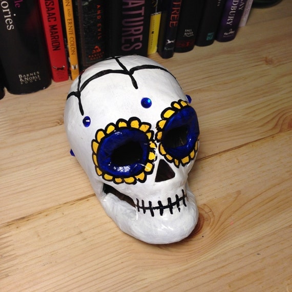 Blue and Yellow Day of the Dead Paper Mache Skull