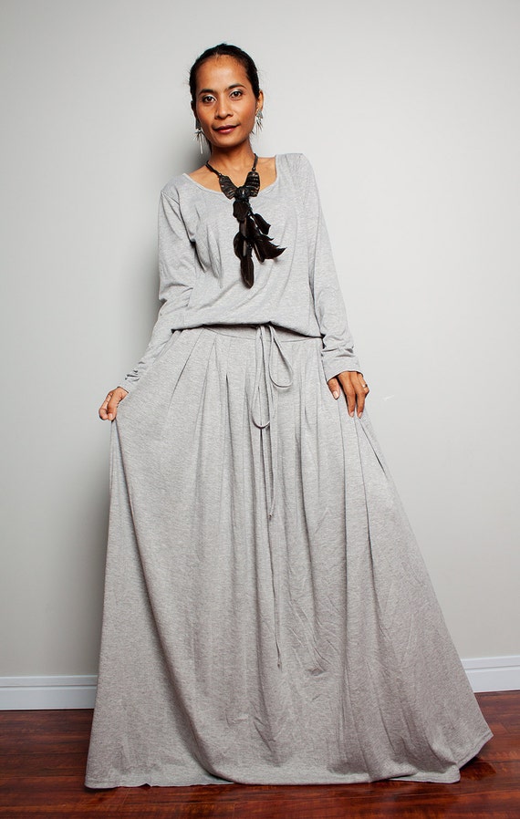 PLUS SIZE Maxi Dress Light Grey Long Sleeve dress : Autumn