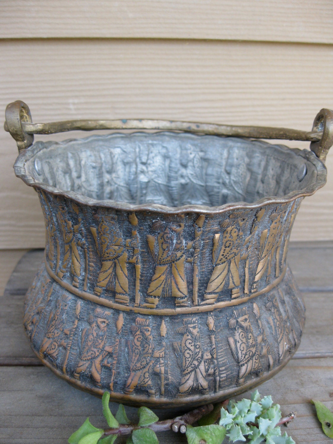 Antique Metal Pot/Planter with Pharaohs or Kings by chichat