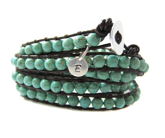 Turquoise Wrap Bracelet Custom Initial Charm Bracelet