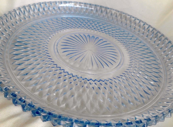 Vintage Blue Glass Cake Plate With English Hobnail