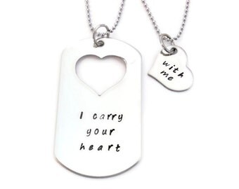 SALE: "I carry your heart", "with me" his & hers dog tag and heart necklace SET of Two by Moonstone Creations