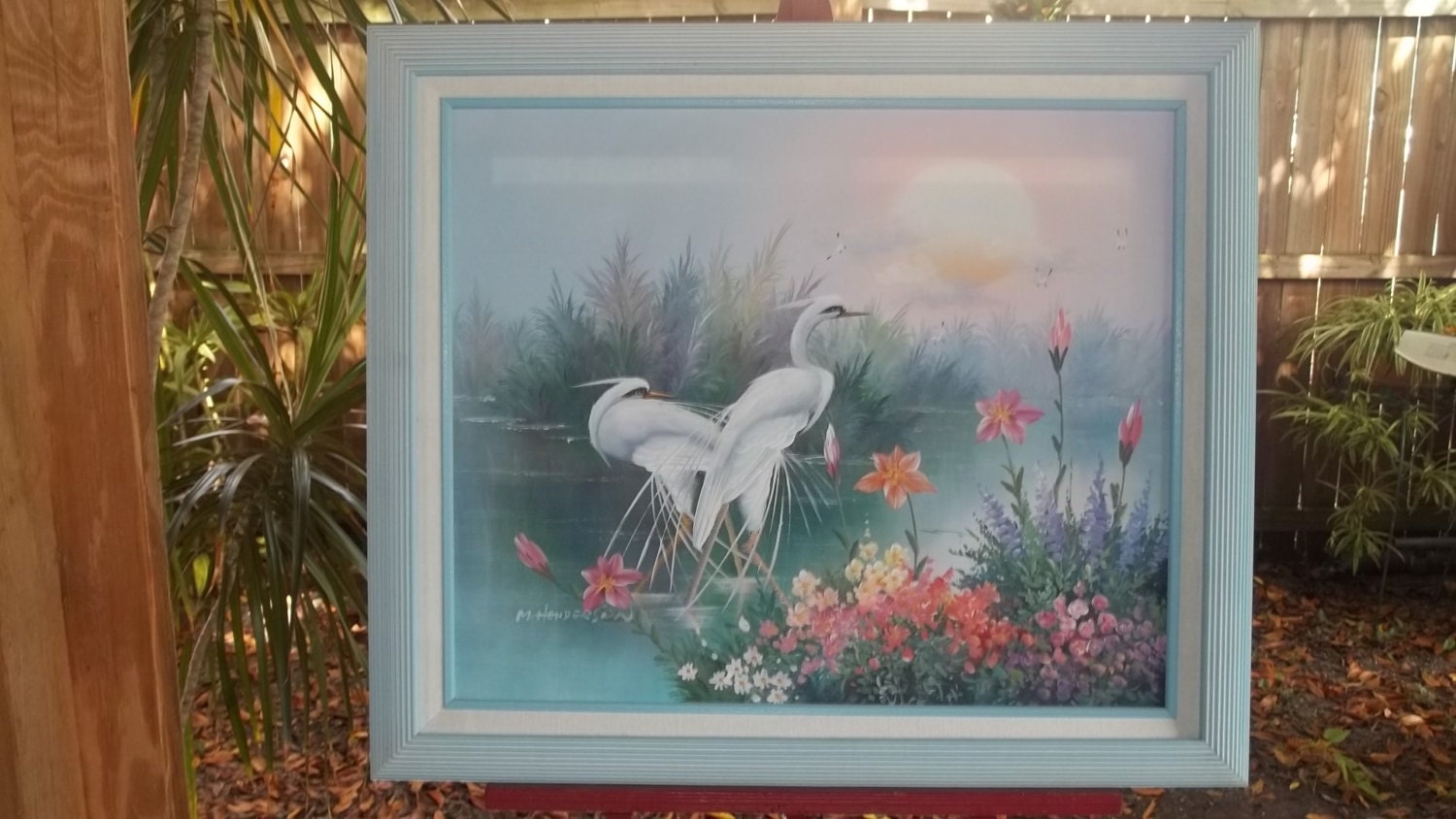 Vintage Oil Painting M. Henderson signed Snowy Egrets