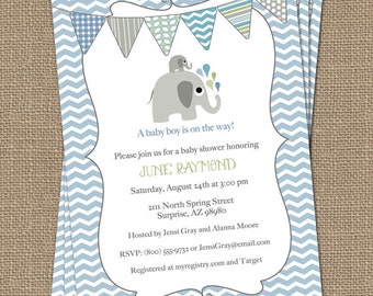 elephant baby boy shower invitation, blue/green bunting, shower invitations, digital, printable file
