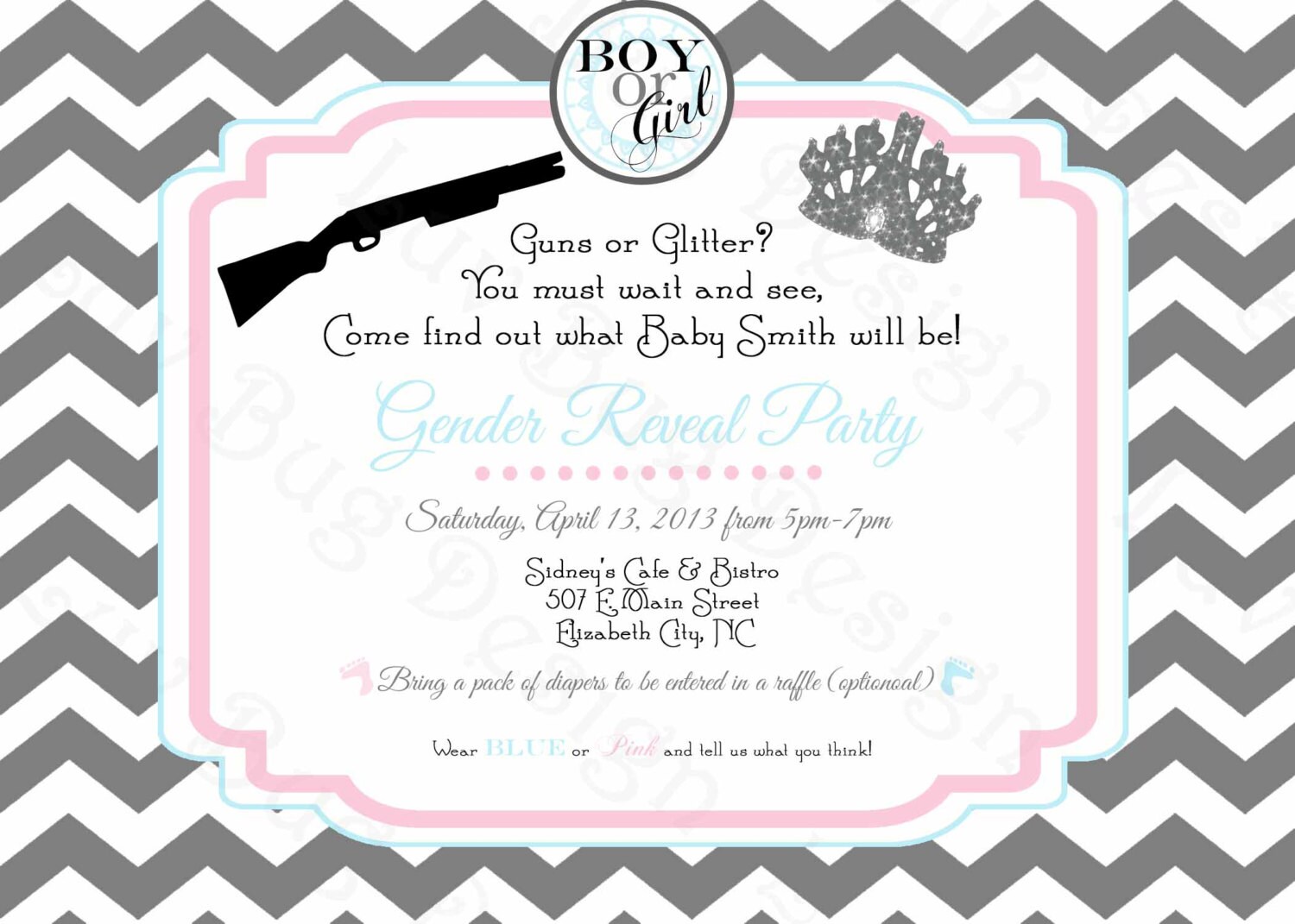 guns or glitter gender reveal party invitation by luvbugdesign