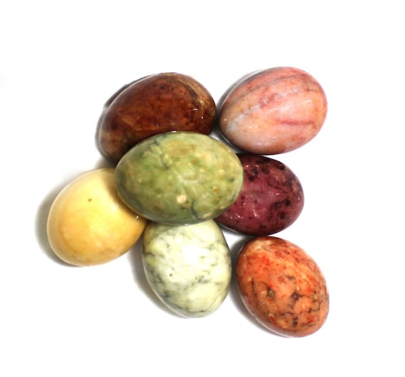 Vintage 7 marble stone eggs- pink, green, cream and orange - Italian jasper egg - SALE 50% off