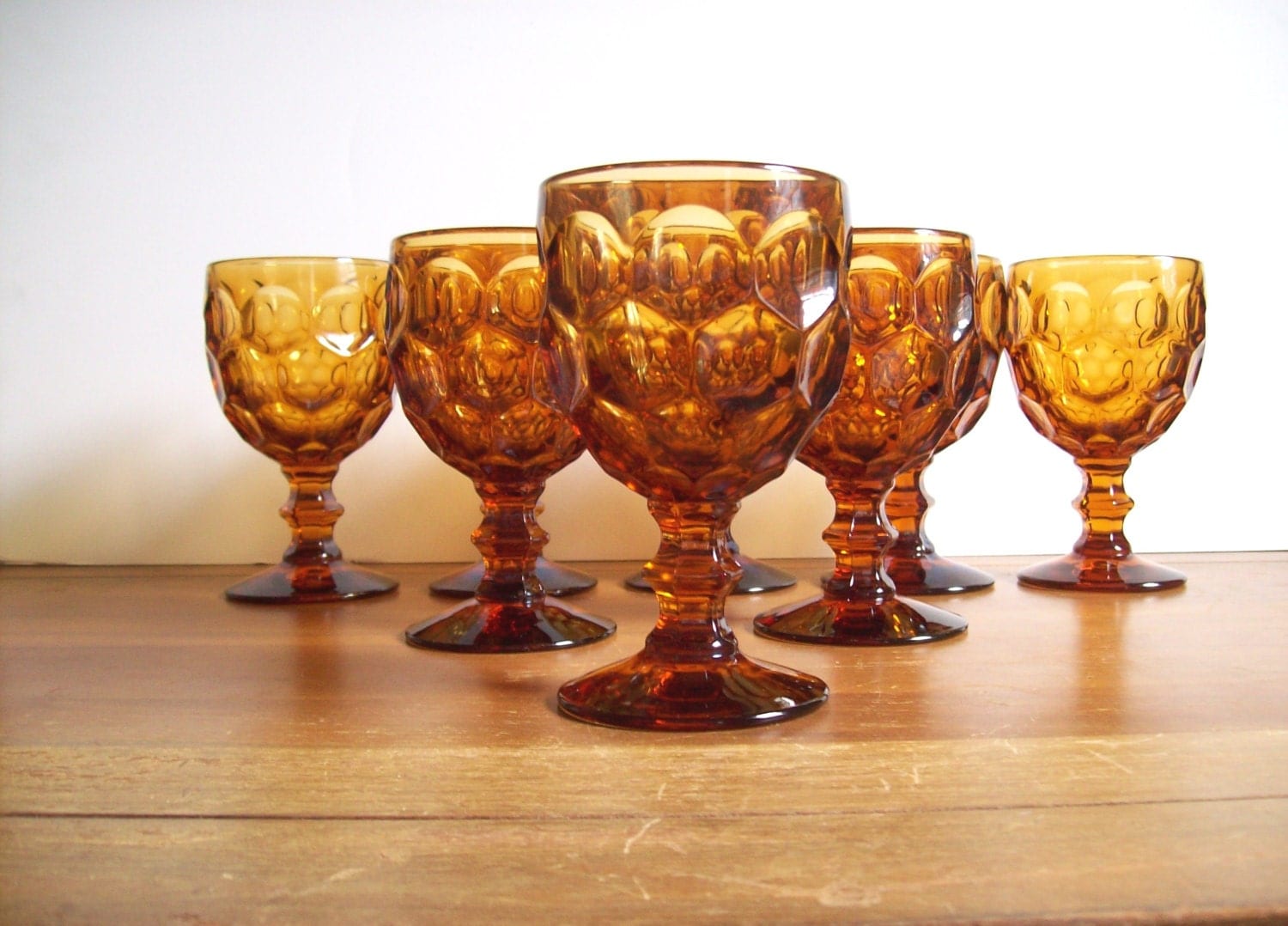 Thumbprint Goblets Amber Glass Vintage Set Of Eight