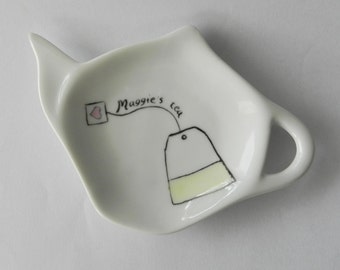 Personalized White Porcelain Tea Bag Holder -& Spoon Rest with name or message gift for her for him for the tea lover