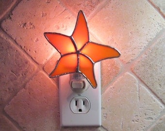Stained Glass Starfish Night Light in Orange Swirled Opalescent Glass - Handcrafted Authentic Stained Glass