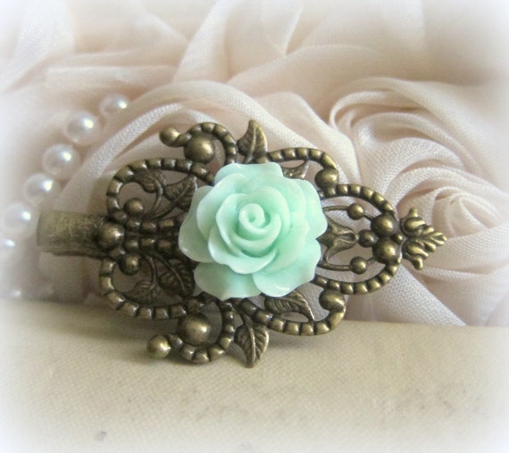 Mint Green Rose Hair Clip Wedding Hair Accessories by Jewelsalem