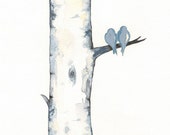 Blue Gray Birch Tree Love No. 3 / Love Birds / Romance / watercolor print / grey / black and white and yellow / Archival