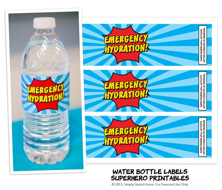 instant emergency hydration water bottle labels superhero