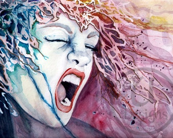 Rainbow Scream watercolor portrait Print 8.5x11