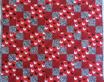 Chicken Quilt, Red Quilt, Black Quilt, Farm Animal Quilt, Barnyard Quilt, Black and White Quilt