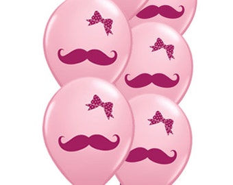 Pink Little Lady Bow and Mustache Birthday Balloons - Set Of 12
