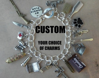 CUSTOM - YOUR ZOMBIE Plan Charm Bracelet For The Walking Dead Zombie Apocalypse... Choose 18 Charms Of Your Choice - Zombie Survival Kit