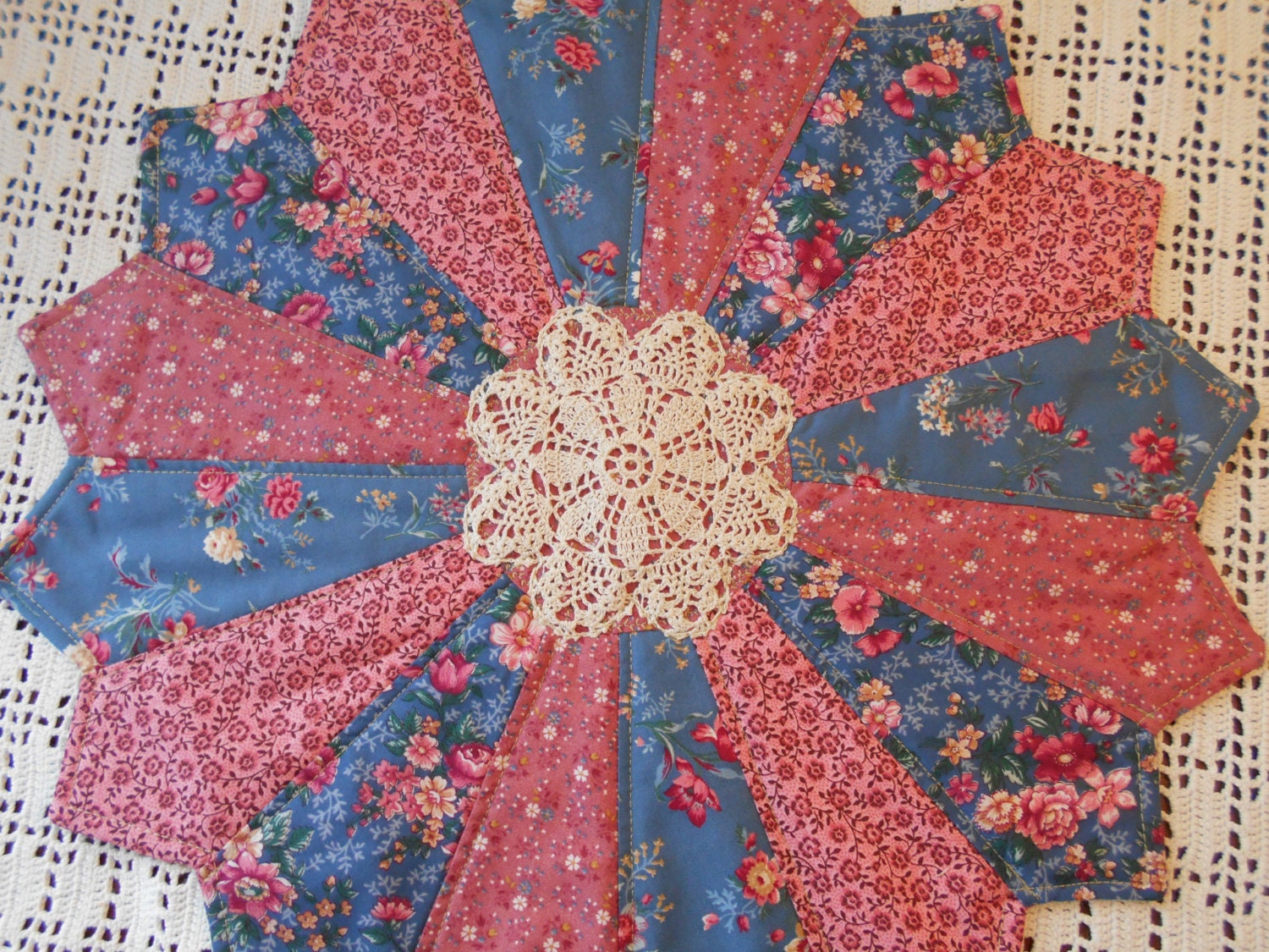 Dresden Quilted Dresden Table Topper Vintage Floral Fabric