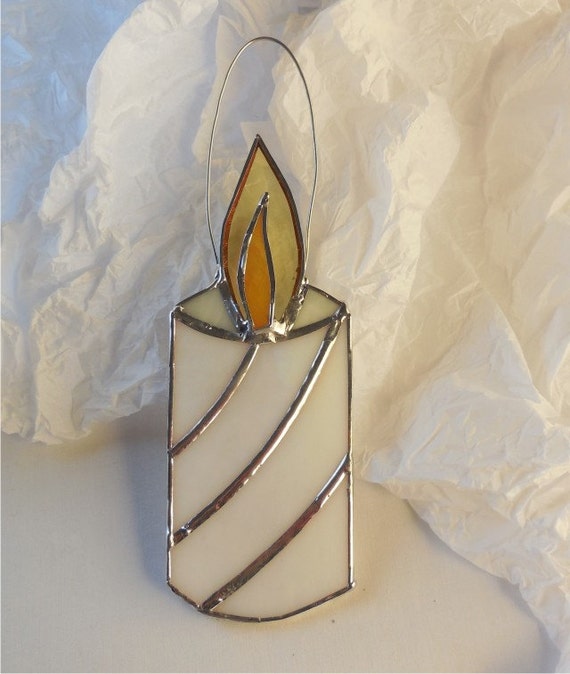 White Striped Stained Glass Candle Stained Glass Suncatcher 3354