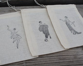 Set of 10 Hand stamped Roaring 20s Flapper Bag Muslin Party Favor Bags Eco Friendly 100% organic