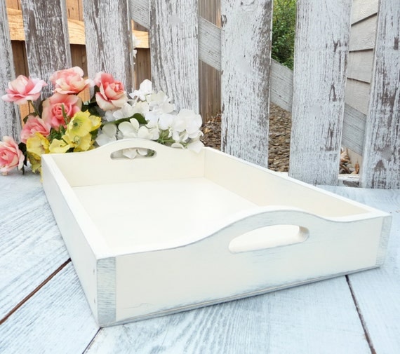 Shabby Chic TRAY Antiqued White Wood Serving by HuckleberryVntg