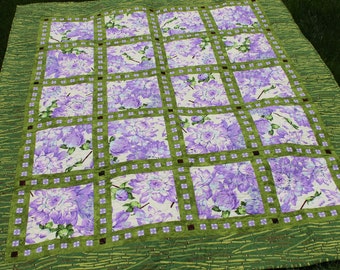 Beautiful Lap Quilt in Lovely Springtime Colors, Handmade Floral Dahlia Blanket in Purple Green White Martha Negley Fabrics