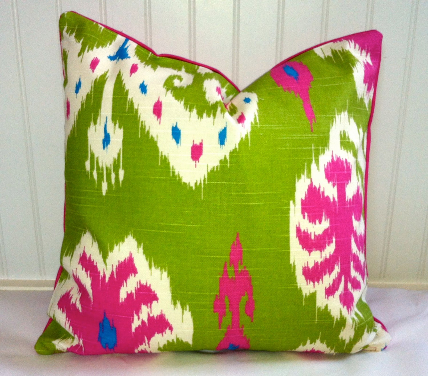 Green and Pink Ikat Pillow Cover / 16 X 16 / Designer Caftan