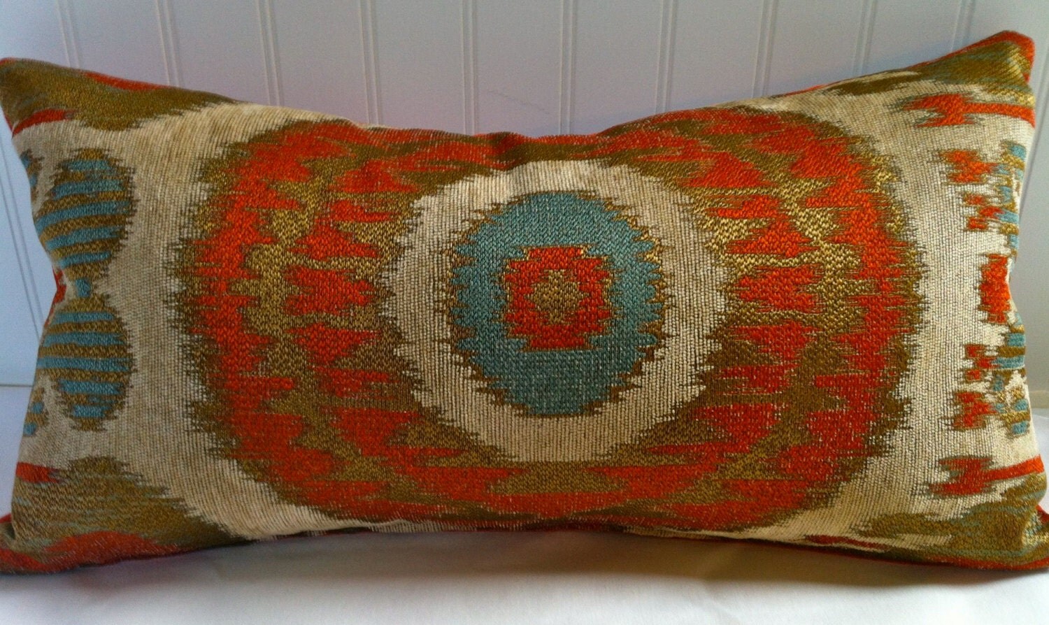 Terracotta teal gold beige Ikat Pillow Cover / 12 X 20