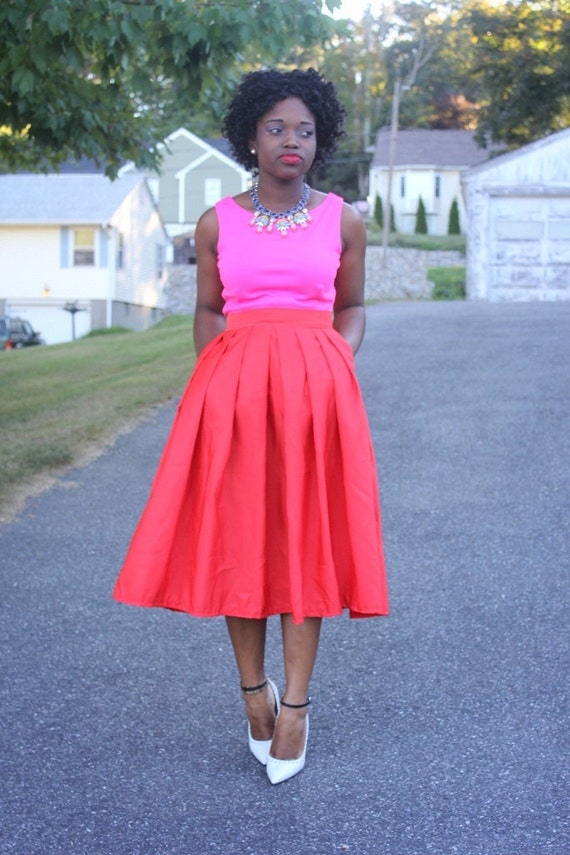 Bright Red Midi Skirt With Pockets ONLY 1 LEFT by alamodewearhouse
