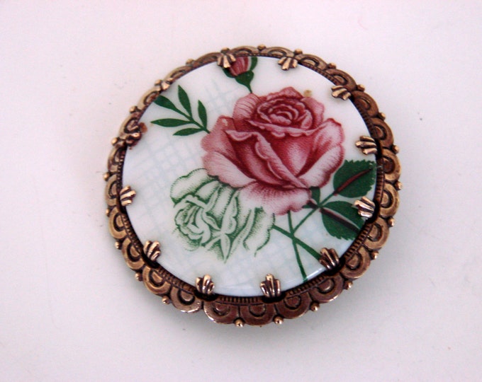 Antique Hand Painted Floral Rose Brooch on Porcelain or Glass / Vintage Jewelry / Jewelry / Jewellery