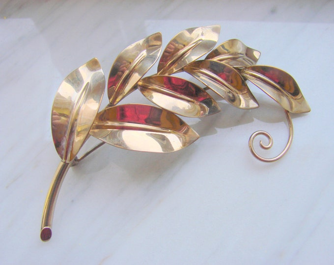 Large Vintage Retro A. REGEL Gold Filled Brooch / Leaf Motif / Designer Signed / Jewelry / Jewellery