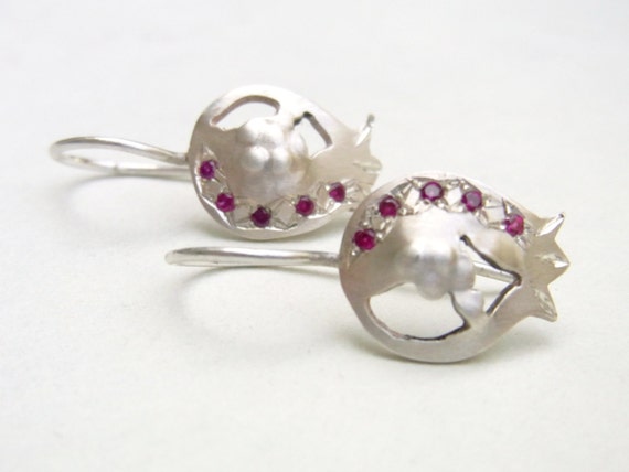 Silver Pomegranate with Ruby Earrings - Sterling silver with red rubies, delicate dangle earrings