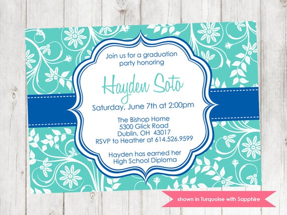 Printable Graduation Party Invitation - Graduation Themed Floral Invite - Colors and Text Customizable Il_570xn