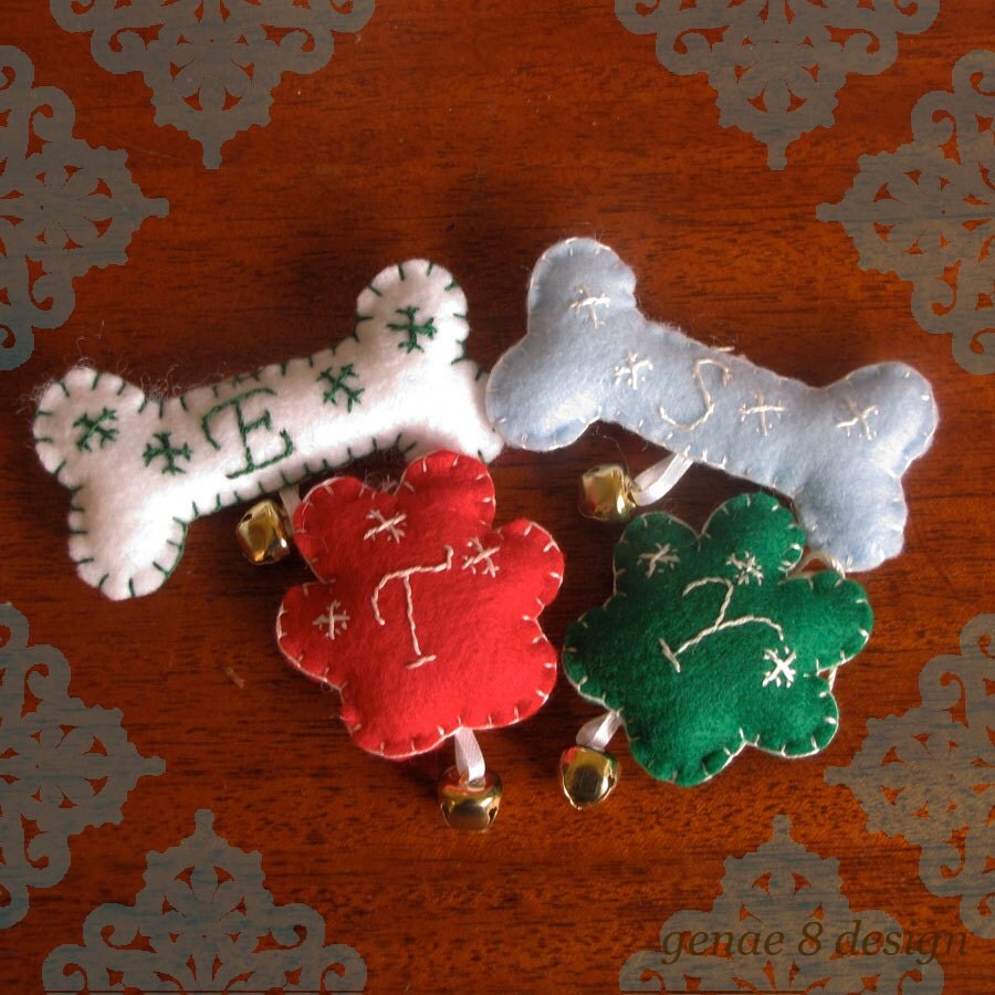 Handmade Custom Felt Paw Print & Dog Bone Initial Christmas Ornament- 3 dollars each