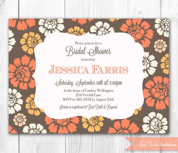 Fall Bridal Shower Invitation - Fall Florals in Coral & Yellow. Fall Bridal Shower Invite, Baby Shower Invite or Birthday Invite. Il_570xn