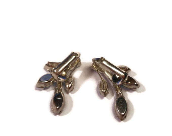 Blue rhinestone earrings, wedding climber earrings, something blue clip mid century modern, silver plated