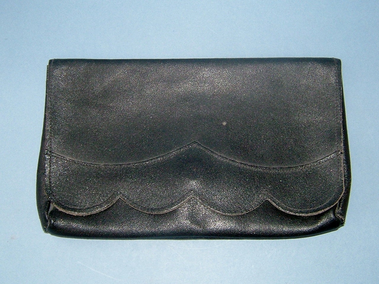 1960s Black Leather Clutch Bag Purse Handbag with Scallop Edge