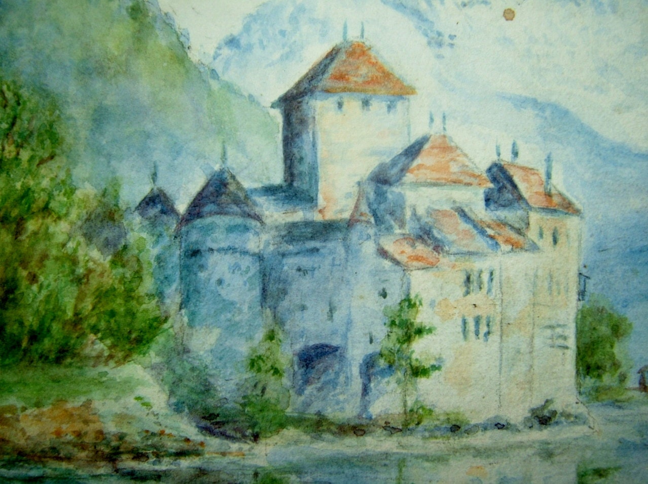 Antique Painting Of Chillon Castle Lake Geneva Switzerland