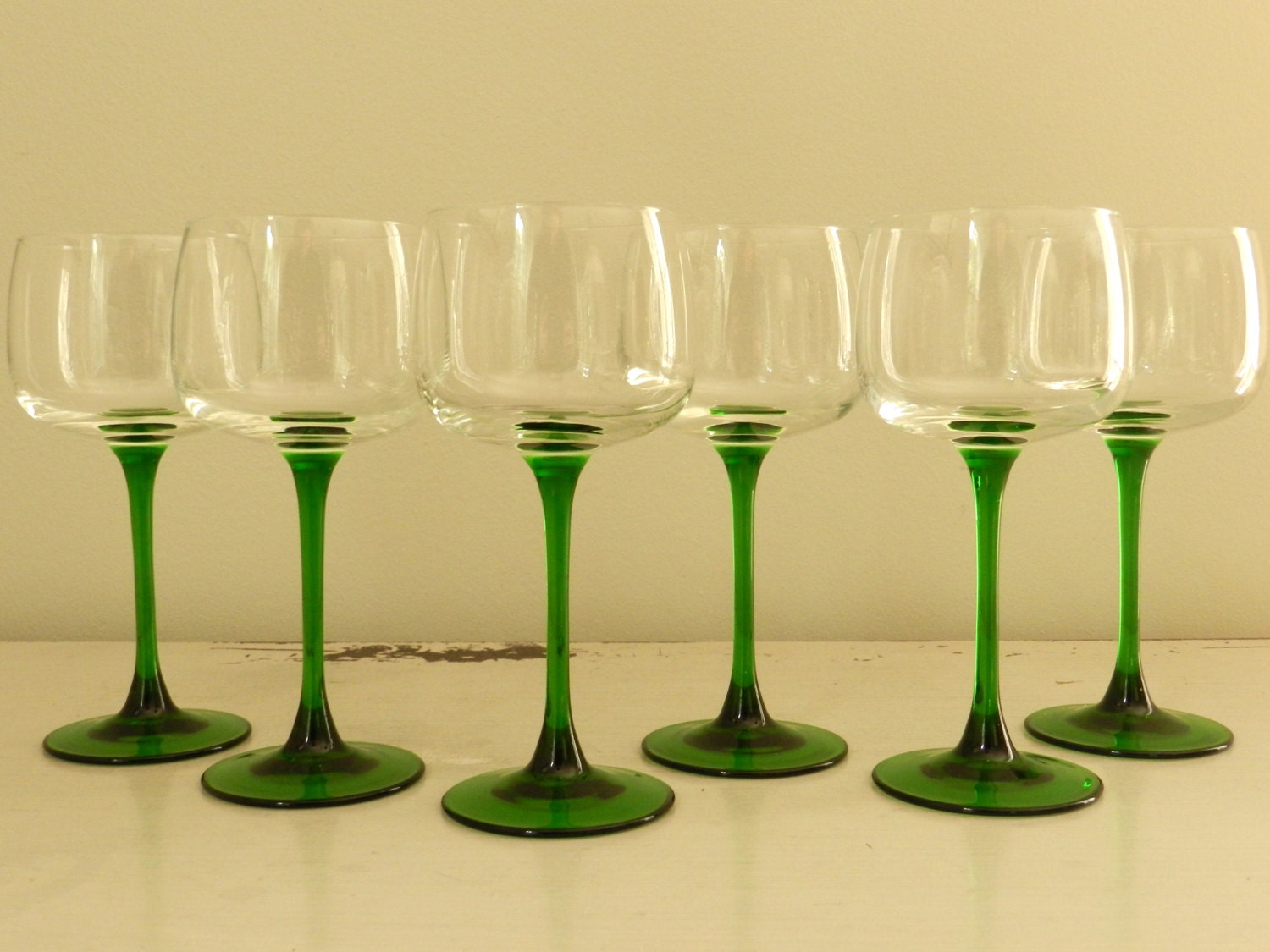 Vintage Wine Glasses Emerald Green Stems Made in France