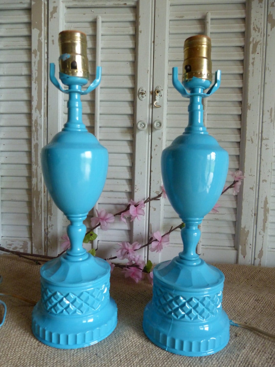 Vintage Turquoise Blue Upcycled Milk Glass Lamps Set of 2