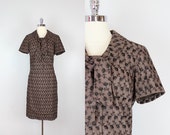 vintage 1960s suit / two piece dress set / pencil skirt / cropped jacket / embroidered cotton suit