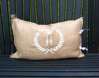 Burlap bag pillow cover with wreath & initial included