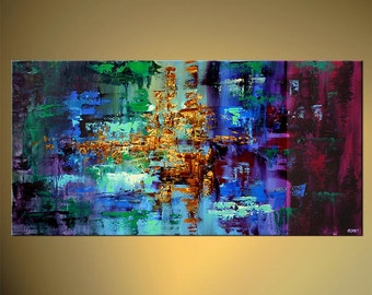 Colorful Abstract Painting Blue Green Turquoise Modern Palette Knife acrylic Painting Original From Osnat - MADE-TO-ORDER - 48"x24"