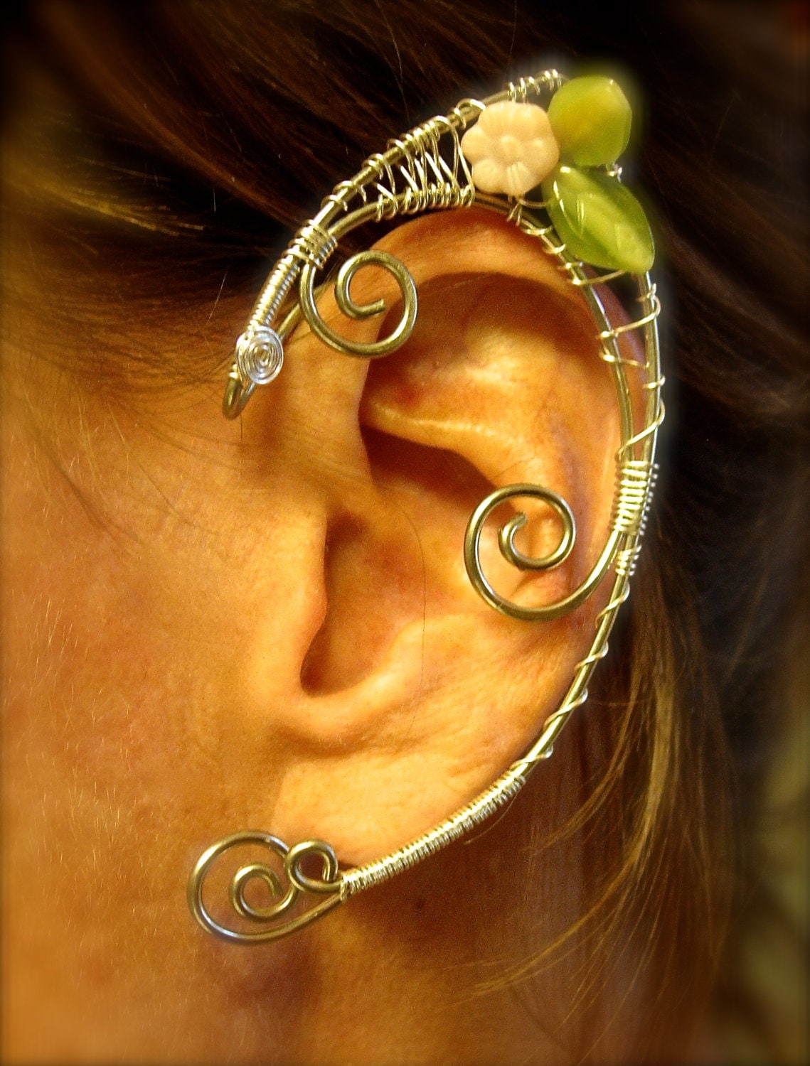 Pair of Silver Woven Wire Elf Ear Cuffs with Pink Czech Glass