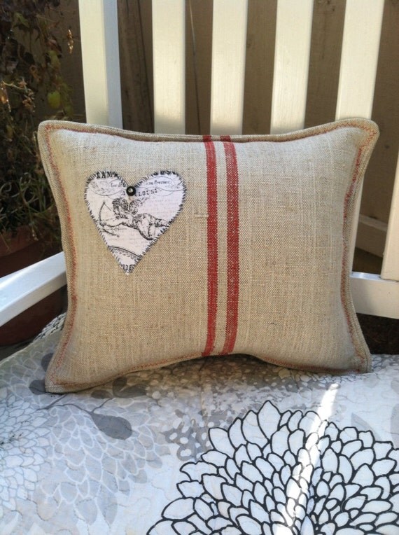 Red stripe grain sack heart pillow