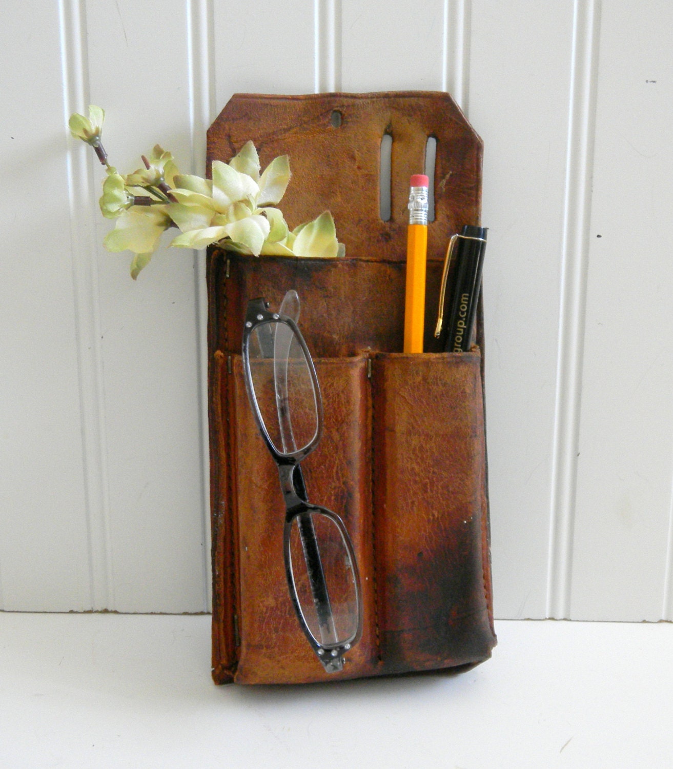 Vintage Leather Tool Belt Holder/Dest Top Organizer/ Cork
