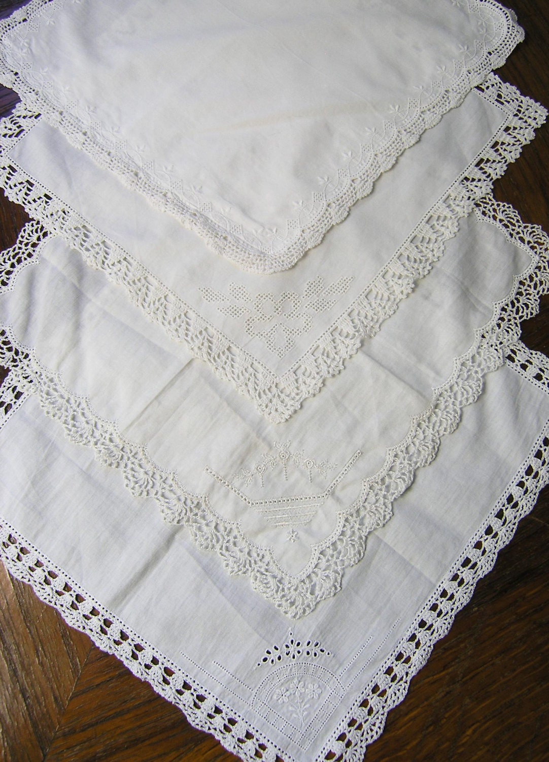 4 Vintage Handkerchiefs Set of 4 White 1950s Hand Crocheted