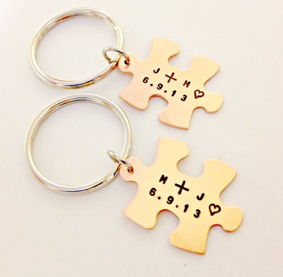 Personalized Puzzle Piece Key Chain Set Hand Stamped Copper