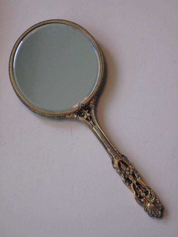 Antique Victorian Ornate Brass Beveled Hand Mirror