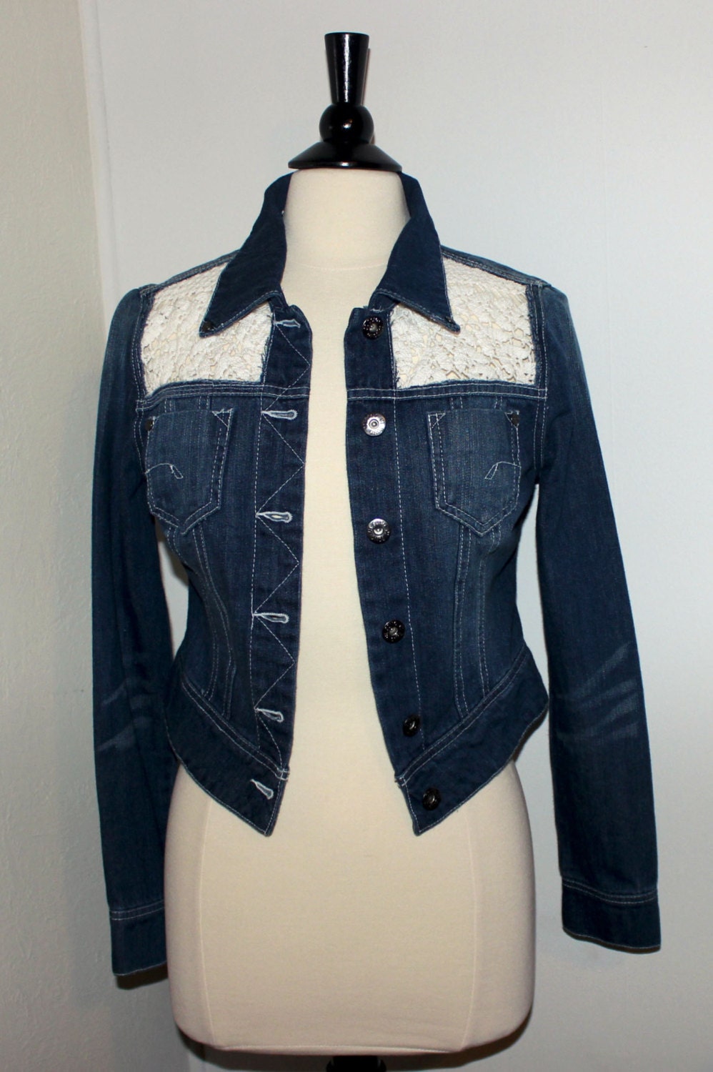 Upcycled Jean Jacket with Crochet Lace Inserts Cutout Panels