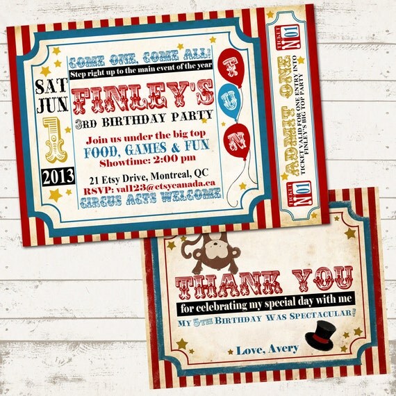 Circus Birthday Invitation & thank you card- Vintage Inspired / Retro Circus or Carnival - Custom, Digital, Printable designs Il_570xn